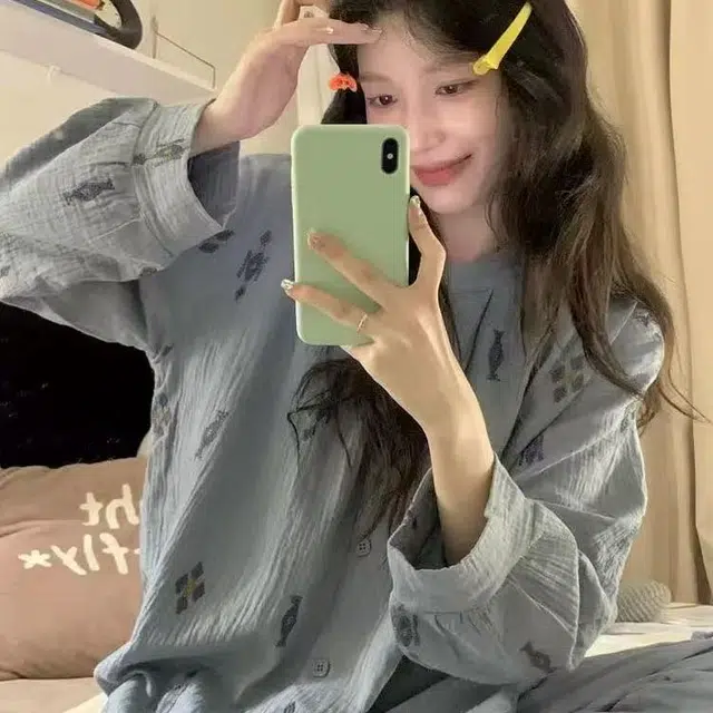静英鸾 长袖轻便宽松舒适圆领蓝碎花开衫家居服睡衣套装 女款