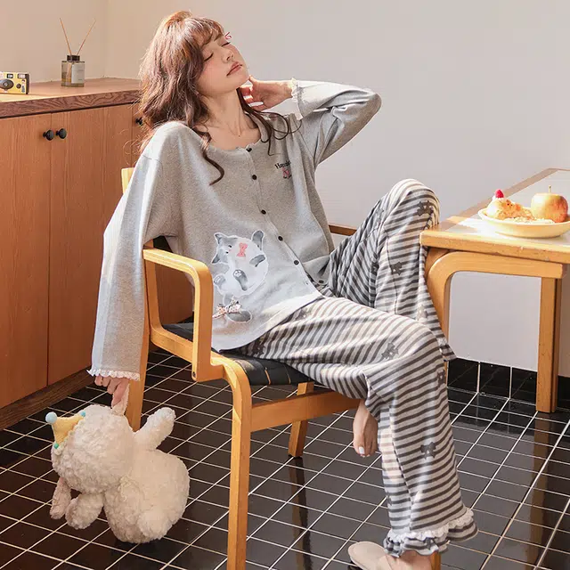 静英鸾 春秋季简约甜美可爱卡通蝴蝶结小猫休闲亲肤舒适家居服睡衣套装 女款
