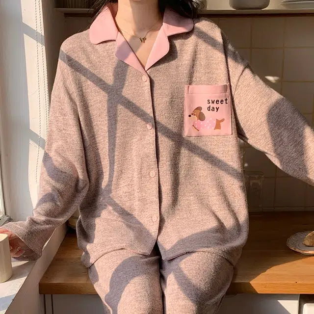 静英鸾 翻领简约甜美休闲时尚卡通小狗亲肤舒适可外穿家居服睡衣套装 女款