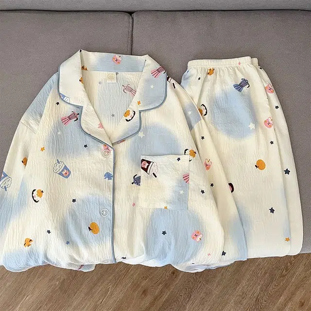 静英鸾 翻领设计花色简约舒适可外穿家居服长袖长裤睡衣套装 女款