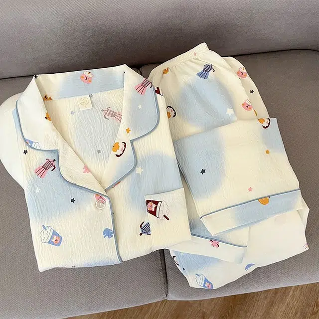 静英鸾 翻领设计花色简约舒适可外穿家居服长袖长裤睡衣套装 女款