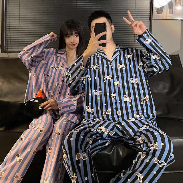 静英鸾 秋季翻领条纹腊肠狗甜美风休闲舒适可外穿家居服睡衣套装 男女同款