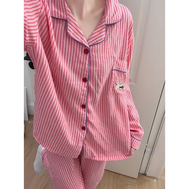 静英鸾 简约粉条纹小兔休闲风格舒适长袖家居服睡衣套装 女款