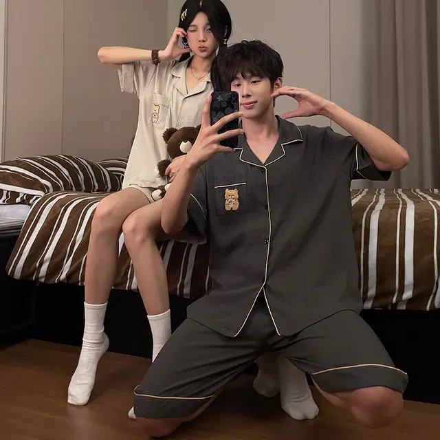静英鸾 家居情侣休闲风格可外穿三件套服睡衣套装 男女同款