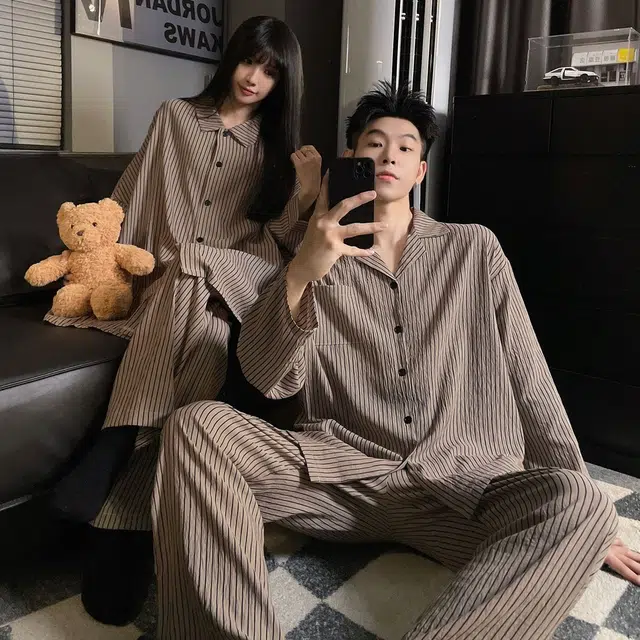 静英鸾 情侣舒适休闲风长袖翻领开衫简约设计家居服睡衣礼盒 男女同款
