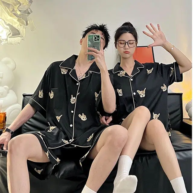 静英鸾 夏季情侣卡通小狗短袖短裤翻领亲肤舒适家居服睡衣礼盒 男女同款