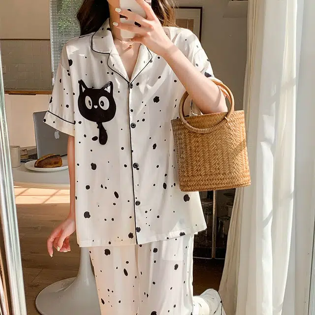 静英鸾 休闲舒适简约卡通小猫波点图案短袖翻领开衫家居服睡衣套装 女款