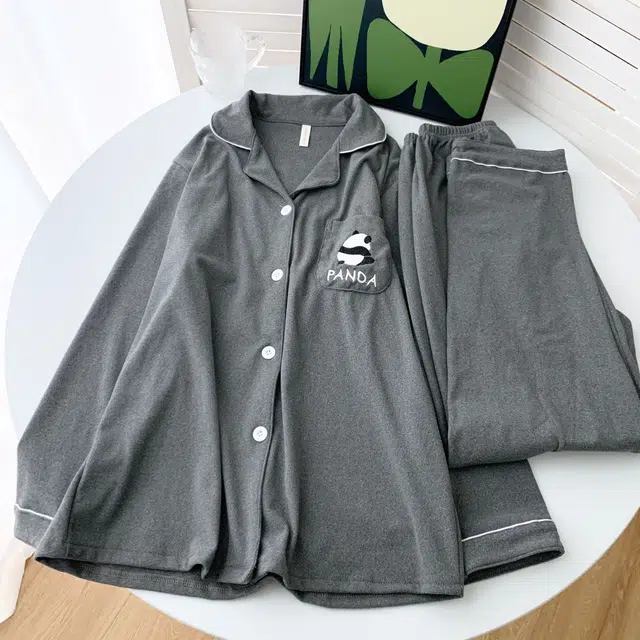静英鸾 德绒保暖加厚翻领开衫长袖长裤纯色熊猫情侣家居服冬季睡衣套装 男女同款