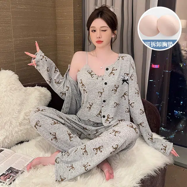 静英鸾 棉质羊绒长袖吊带长裤开衫纯色简约甜美蝴蝶结家居服秋冬季睡衣套装 女款