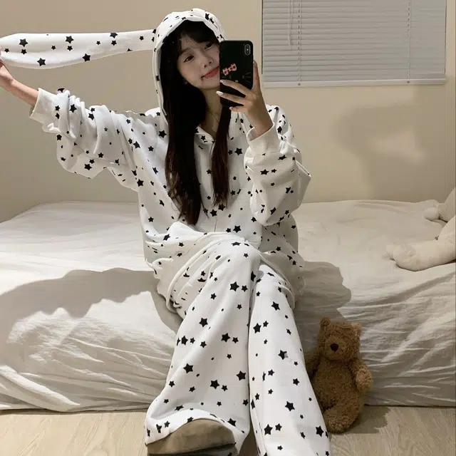 静英鸾 德绒加厚保暖卡通满印星星甜美可爱连帽开衫拉链长袖长裤休闲家居服秋冬季睡衣套装 女款