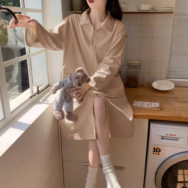 静英鸾 德绒长袖长裙翻领拉链纯色简约舒适柔软家居服秋冬季保暖套装 女款