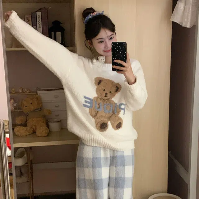 静英鸾 圆领舒适加绒加厚保暖长袖可外穿家居服睡衣套装 女款