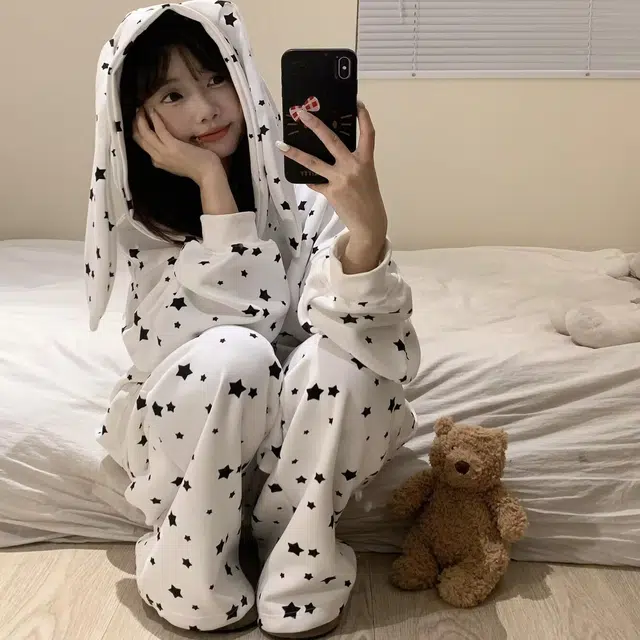 静英鸾 德绒加厚保暖卡通满印星星甜美可爱连帽开衫拉链长袖长裤休闲家居服秋冬季睡衣套装 女款