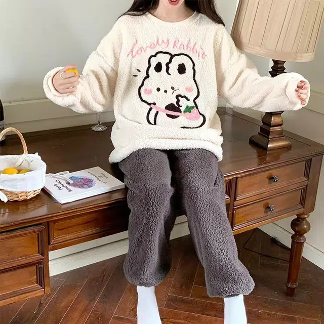 静英鸾 半边绒加厚保暖卡通甜美兔子圆领长袖长裤休闲家居服秋冬季睡衣套装 女款