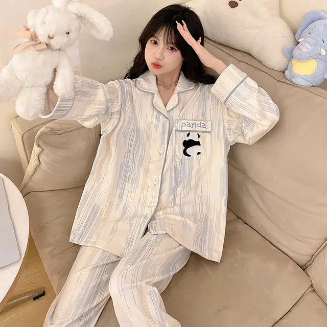 静英鸾 冬季翻领可爱熊猫甜美风德绒加厚保暖休闲舒适家居服睡衣套装 女款