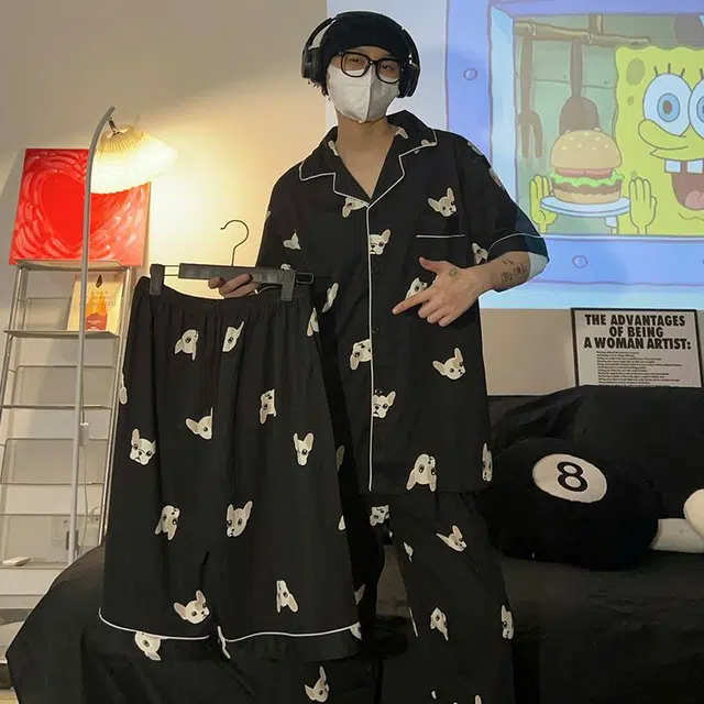 静英鸾 简约短袖长裤斗法犬家居服春夏秋款三件套睡衣礼盒 男款
