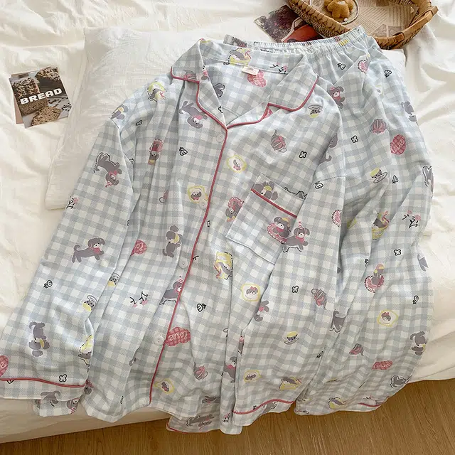 静英鸾 翻领格子可爱小狗甜美风休闲舒适家居服睡衣套装 女款
