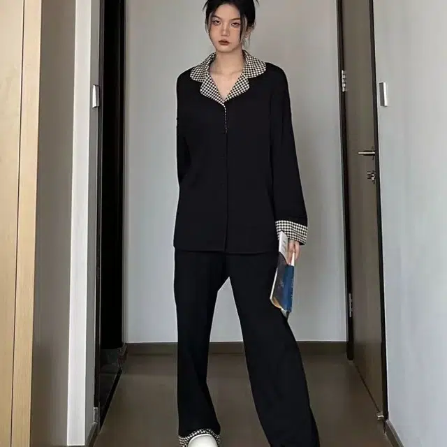 静英鸾 格子翻领长袖舒适可外穿高级感家居服睡衣套装 女款