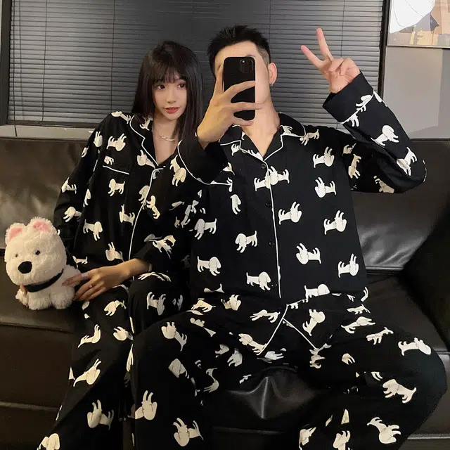 静英鸾 秋季翻领黑白线条狗时尚简约风休闲舒适家居服睡衣套装 男女同款