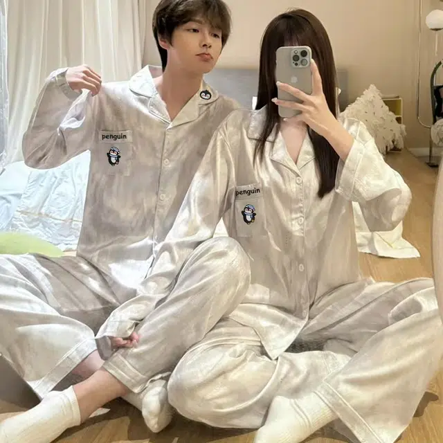 静英鸾 情侣舒适简约休闲风长袖长裤卡通企鹅图案家居服睡衣套装 男女同款