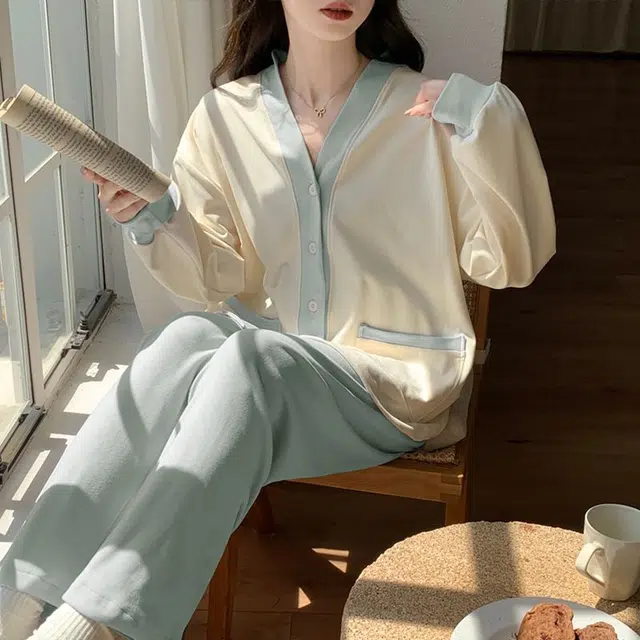 静英鸾 德绒长袖长裤和尚领开衫纯色简约小清新两件套家居服秋冬季保暖套装 女款