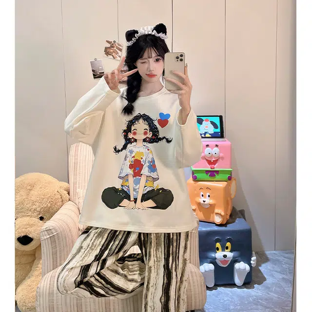 静英鸾 仿棉圆领套头长袖长裤可爱卡通小女孩条纹休闲家居服春秋季睡衣套装 女款