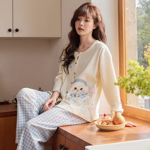 静英鸾 春秋季简约可爱卡通蝴蝶结小猫咪休闲亲肤舒适家居服睡衣套装 女款