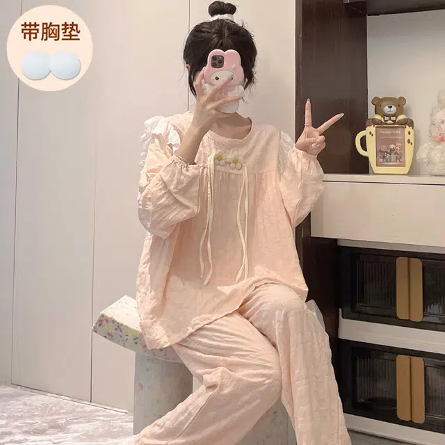 静英鸾 带胸垫简约粉甜美可爱小清新亲肤舒适可外穿家居服睡衣套装 女款