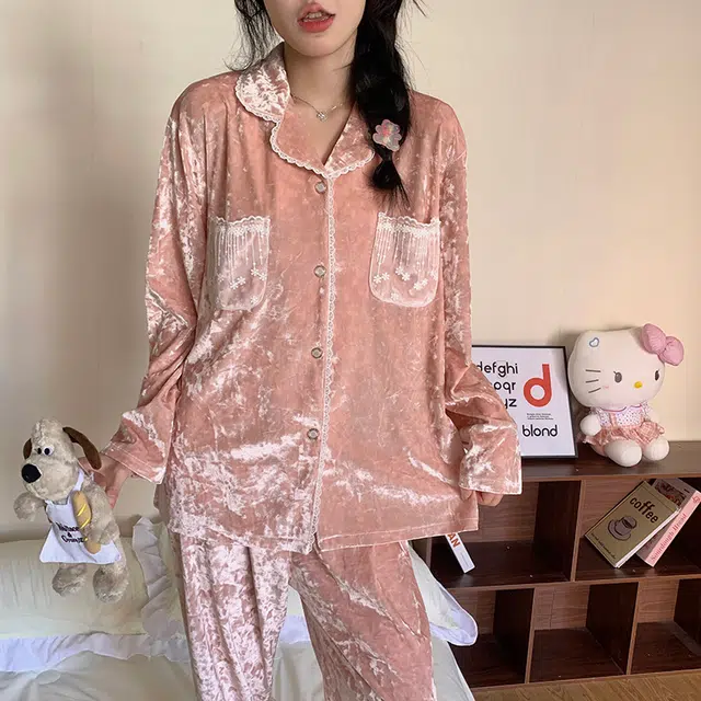 静英鸾 金丝绒保暖加厚长袖长裤翻领开衫公主风纯色家居服冬季睡衣套装 女款