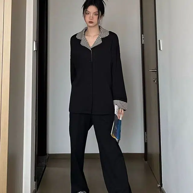 静英鸾 格子翻领长袖舒适可外穿高级感家居服睡衣套装 女款
