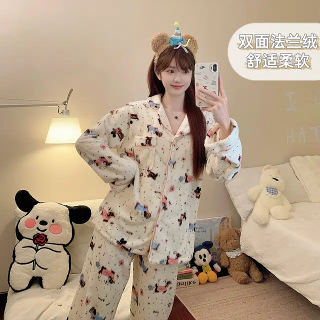 静英鸾 冬季宅家可爱腊肠狗甜美风珊瑚绒加绒加厚家居服睡衣套装 女款