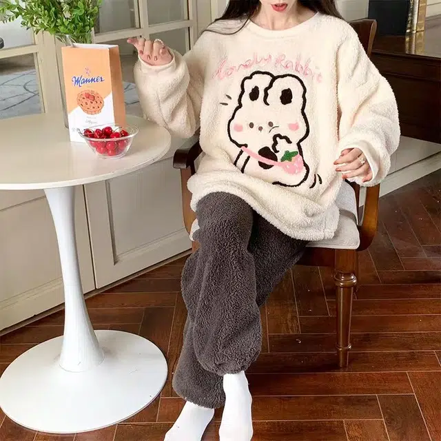 静英鸾 半边绒加厚保暖卡通甜美兔子圆领长袖长裤休闲家居服秋冬季睡衣套装 女款