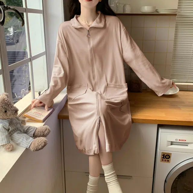 静英鸾 德绒长袖长裙翻领拉链纯色简约舒适柔软家居服秋冬季保暖套装 女款