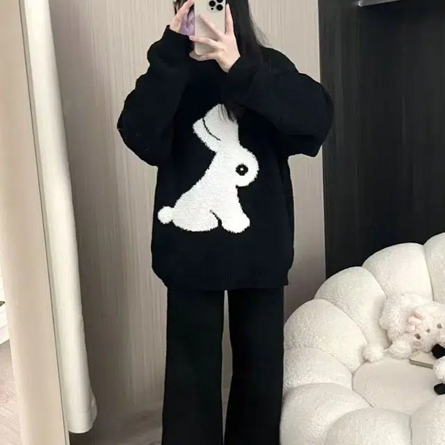 静英鸾 珊瑚绒保暖加绒加厚高级感卡通兔子圆领长袖长裤休闲家居服睡衣套装 女款