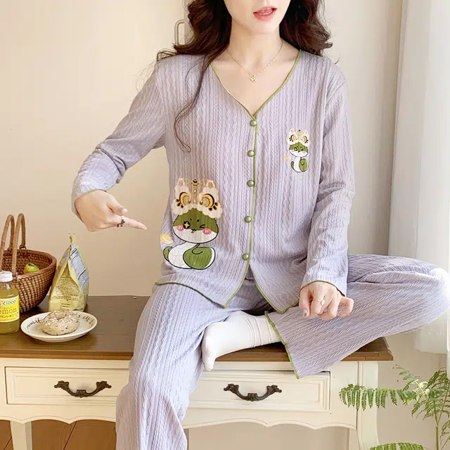 静英鸾 带胸垫甜美可爱卡通小蛇休闲简约亲肤舒适可外穿家居服睡衣套装 女款