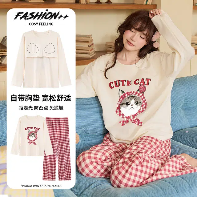 静英鸾 带胸垫甜美可爱卡通猫猫休闲时尚亲肤舒适家居服睡衣套装 女款