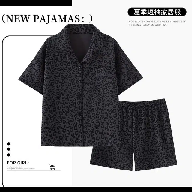 静英鸾 夏季女短袖舒适简约翻领设计豹纹开衫可外穿家居服睡衣礼盒 女款