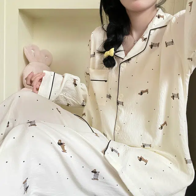 静英鸾 云朵棉长袖长裤翻领开衫简约卡通波点腊肠狗休闲家居服秋冬季睡衣套装 女款