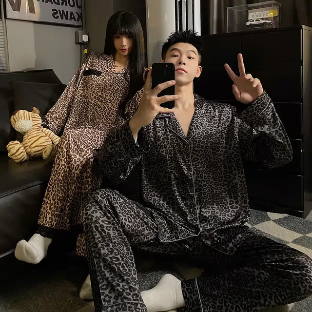 静英鸾 翻领豹纹时尚简约风休闲舒适家居服睡衣套装 男女同款