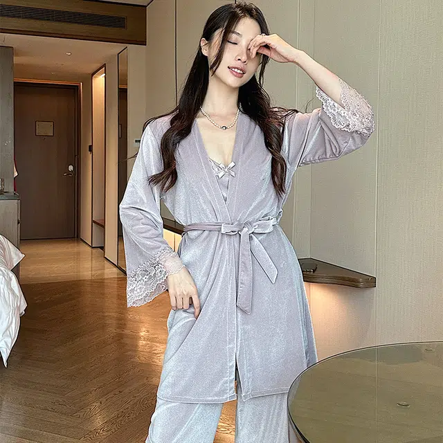 静英鸾 金丝绒长袖睡袍吊带长裤纯色甜美休闲花边性感家居服秋冬季睡衣套装 女款
