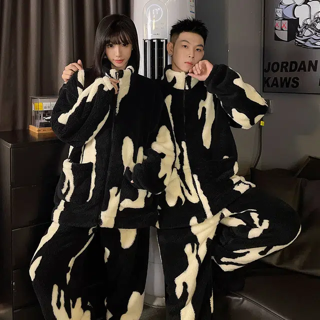 静英鸾 秋冬季甜美风绒保暖加绒加厚休闲舒适家居服睡衣套装 男女同款