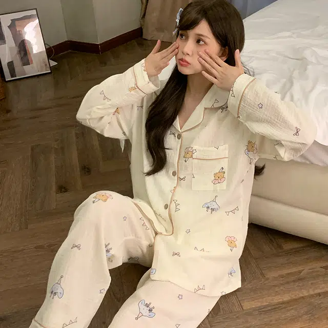 静英鸾 棉质长袖长裤翻领开衫可爱卡通休闲两件套家居服秋冬季睡衣套装 女款