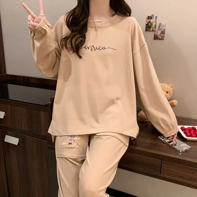 静英鸾 德绒长袖长裤圆领套头纯色简约两件套家居服秋冬季保暖套装 女款