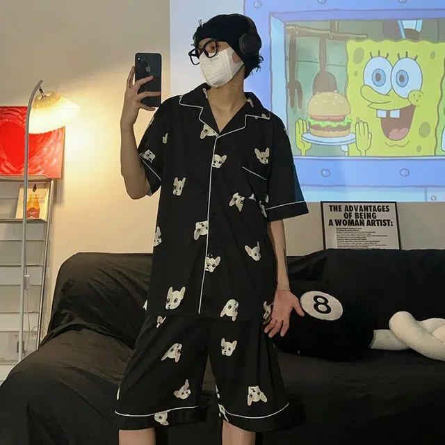静英鸾 简约短袖长裤斗法犬家居服春夏秋款三件套睡衣礼盒 男款