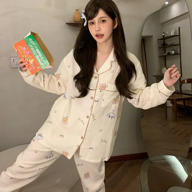 静英鸾 棉质长袖长裤翻领开衫可爱卡通休闲两件套家居服秋冬季睡衣套装 女款