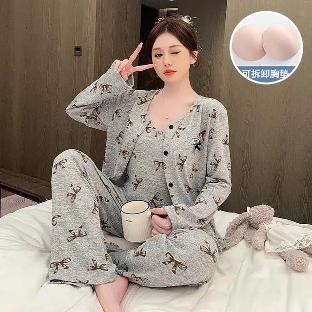 静英鸾 棉质羊绒长袖吊带长裤开衫纯色简约甜美蝴蝶结家居服秋冬季睡衣套装 女款