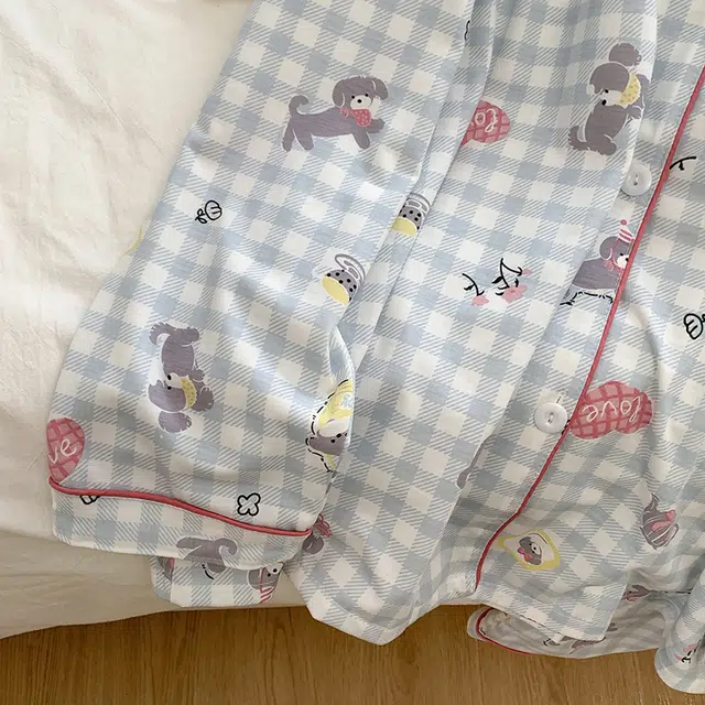 静英鸾 翻领格子可爱小狗甜美风休闲舒适家居服睡衣套装 女款