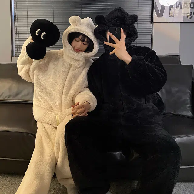 静英鸾 珊瑚绒加绒加厚保暖连帽纯色时尚简约风休闲舒适家居服睡衣套装 男女同款