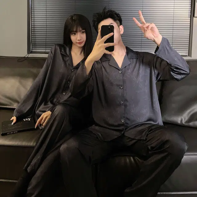 静英鸾 情侣休闲风长袖翻领开衫简约设计家居服睡衣礼盒 男女同款
