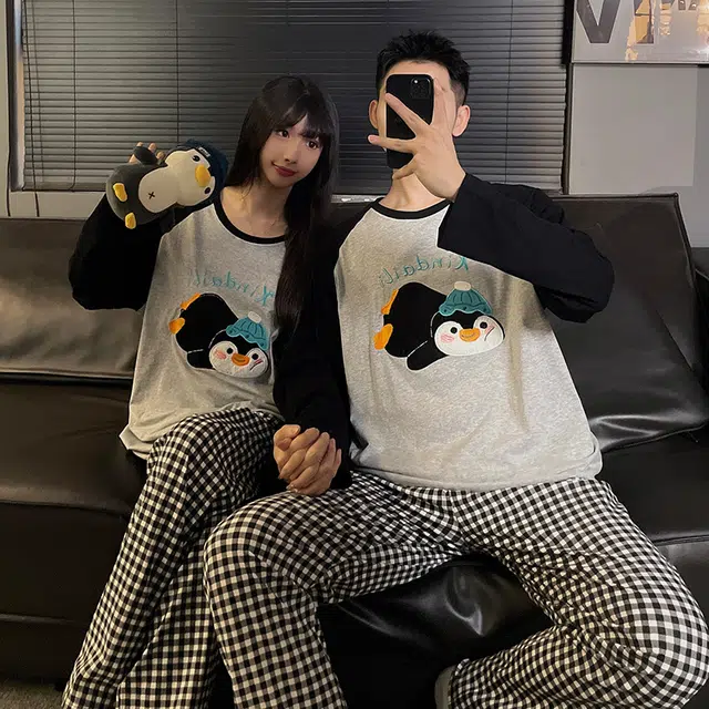 静英鸾 纯棉卡通可爱趴趴企鹅圆领套头长袖长裤休闲家居服秋冬季睡衣套装 男女同款